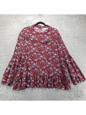 Susan Betro Shirt Womens 4X Weekend Red Floral Cottagecore Bell Sleeve Ruffle